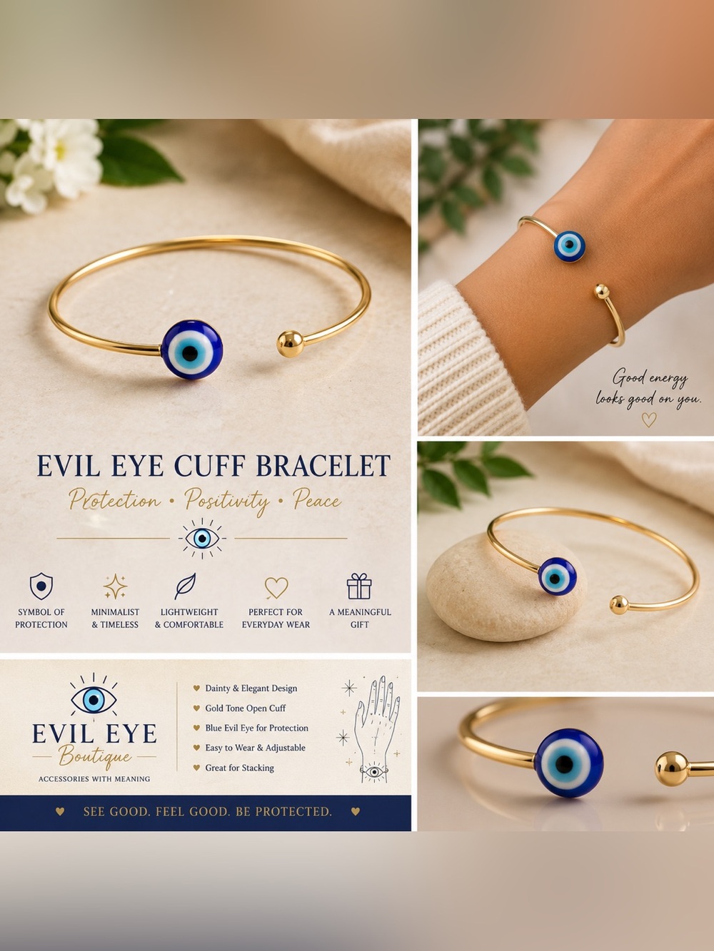 Gold Tone Cuff Bracelet with Blue Evil Eye Charm